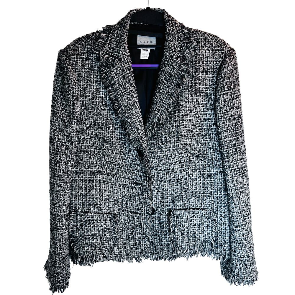 Adec 2 Tweed Wool Blazer Women's Size 12 Black White Frayed Jacket